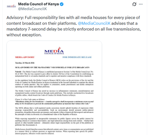 Media Council of Kenya advisory on Tuesday, March 24, 2026. PHOTO/Screengrab by People Daily Digital/@MediaCouncilK/X