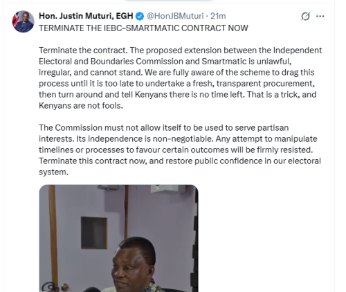 Democratic Party (DP) leader Justin Muturi's post on his X account on Monday, March 23, 2026. PHOTO/Screengrab by People Daily Digital/@HonJBMuturi/X