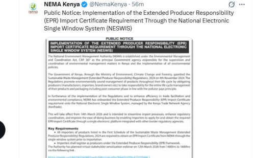 Screegrab by People Daily Digital of the National Environment Management Authority (NEMA) public notice. PHOTO/@NemaKenya/X