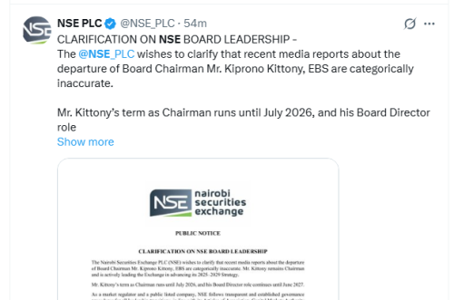 People Daily Daily screengrab of the Nairobi Securities Exchange PLC (NSE) . PHOTO/@NSE_PLC
