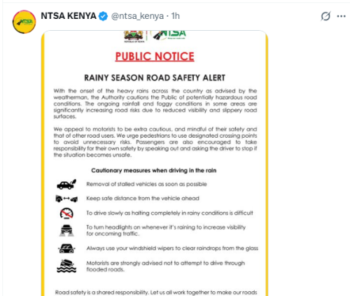 NTSA post on March 26, 2026. PHOTO/Screengrab by People Daily DIgital/@ntsa_kenya/X