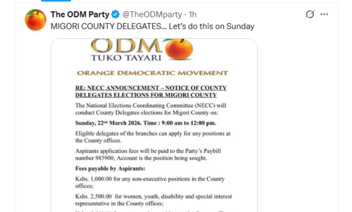 Part of the notice issued by the National Elections Coordinating Committee (NECC) on Friday, March 13, 2026. PHOTO/Screengrab by People Daily Digital/@TheODMparty/X