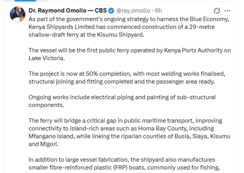 Raymond Omollo's post on the update o the vessel construction on Tuesday, March 17, 2026. PHOTO/Screengrab by People Daily Digital/@ray_omollo/X