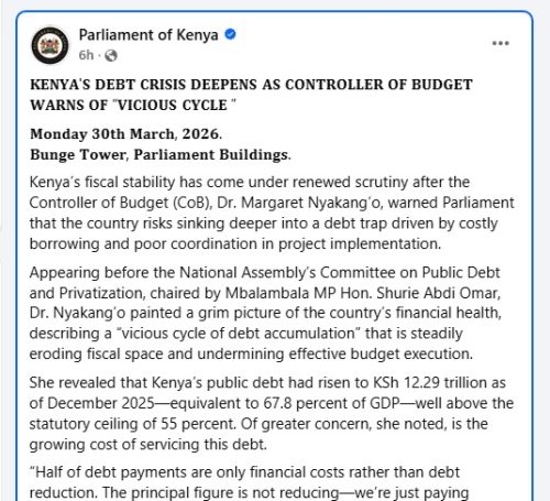 Parliament of Kenya post on the Kenya's Debt Crisis. PHOTO/Screengrab by People Daily Digital/https://www.facebook.com/ParliamentKE/FB