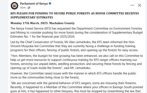 Screengrab of the Parliament of Kenya post on March 16, 2026 by People Daily Digital. PHOTO/https://www.facebook.com/ParliamentKE? /FB