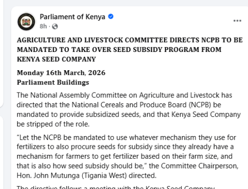 Part of the Parliament of Kenya post on March 16, 2026. PHOTO/Screengrab by People Daily Digital/https://www.facebook.com/share/1DHvsCtU4i/