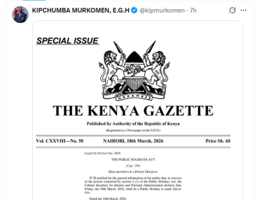 Interior CS Kipchumba Murkomen's post declaring March 20, a public holiday. PHOTO/Screengrab by People Daily Digital/@kipmurkomen
/X