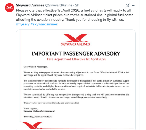 X post by Skyward Airlines announcing the introduction of a fuel surcharge. PHOTO/Screengrab by People Daily Digital/@SkywardAirline
