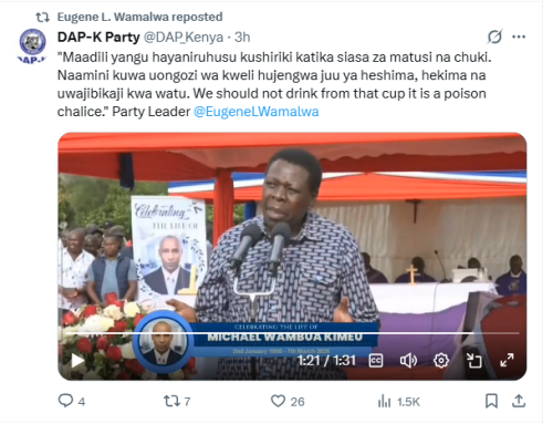 Democratic Action Party of Kenya (DAP-K) leader Eugene Wamalwa post on March 20, 2026. PHOTO/Screengrab by People Daily Digital/@DAP_Kenya/X