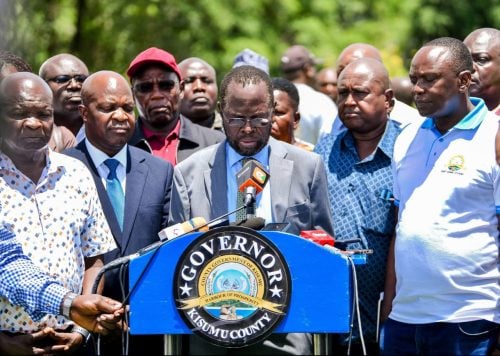 Governor Anyang Nyong'o flanked by county leaders during a joint security meeting aimed at restoring calm and investor confidence. Photo:Viola Kosome.
