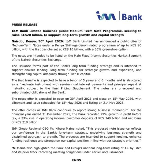 Press release by I&M Bank Limited. PHOTO/I&M Bank Limited
