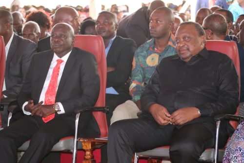President Uhuru Kenya and the former deputy president Rigathi Gachagua at former kirinyaga County Senator Daniel karaba in kirinyaga county. PHOTO/Bancy Lole