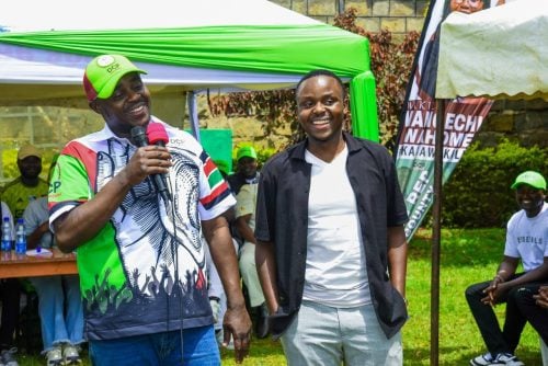Leon Major, the son of Cleophas Malala, speaking in Nyeri during the launch of the DCP Youth League Nyeri chapter on Saturday, April 11, 2026. PHOTO//https://www.facebook.com/profile.php?id=61557501746647