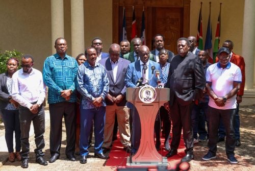 The United Opposition team during a presser at Democracy for Citizens (DCP) party headquarters in Lavighton. PHOTO//https://www.facebook.com/DPGachagua