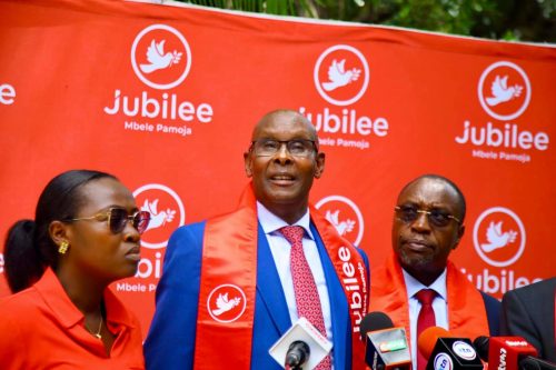 Montalel Ole Kenta while speaking at the party headquarters on the Jubilee Party's preparedness for the Ol Kalou seat. PHOTO//https://www.facebook.com/TheJubileeParty