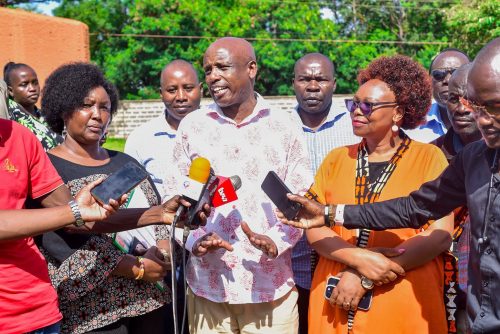 Chepkwony Kathambi, Beatrice Kemei, and Charles Kamuren speaking to the press. PHOTO/PHOTO/https://www.facebook.com/Hon Charles Kamuren, CBS