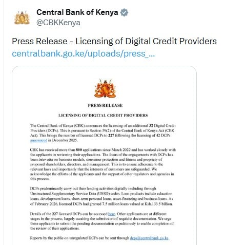 Press release by the CBKon Tuesday, April 14, 2026. PHOTO/Screengrab by People Daily Digital/@CBKKenya/X