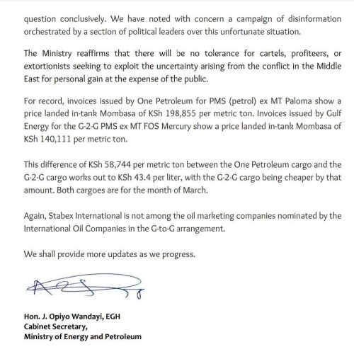 Part of the press release. PHOTO/Ministry of Energy and Petroleum