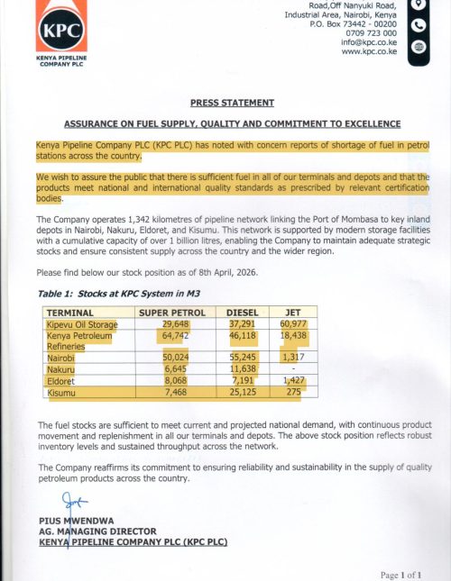 Press statement by KPC. PHOTO/Kenya Pipeline Company