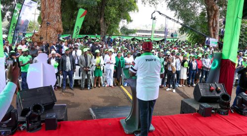 The Democrats for the Citizen Party (DCP) leader, Rigathi Gachagua, unveiling businessman John Mwaura as the party’s candidate for the Kiambu County on April 20, 2026. PHOTO/@rigathi/X