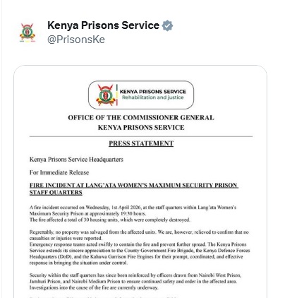 Statement by the Kenya Prisons Service on April 2, 2026. PHOTO/Screengrab by People Daily Digital/@PrisonsKe/X