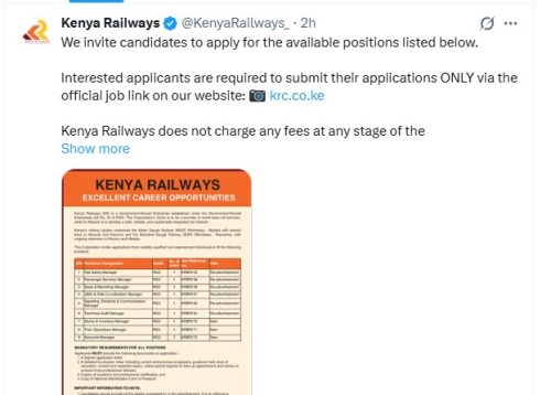 Kenya Railways recruitment post. PHOTO/Screengrab by People Daily Digital/@KenyaRailways_/X