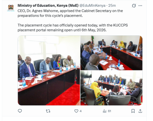 Ministry of Education post on X confirming the placement window. PHOTO/Sceengrab by People Daily Digital on Tuesday, April 7, 2026/@EduMinKenya