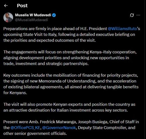 A statement shared by Musalia Mudavadi on Saturday April 18, 2026. PHOTO/ Screengrab by PD Digital/@MusaliaMudavadi/X