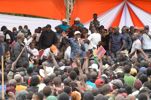 Siaya Governor James Orengo addresses a charged crowd during the Linda Mwananchi rally in Luanda, Vihiga County on Saturday, April 25, 2026. PHOTO/@orengo_james/X