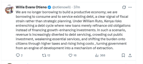 Safina Party Deputy Party Leader Willis Otieno's post on Friday, April 17, 2026. PHOTO/Screengrab by People Daily Digital/@otienowill/X