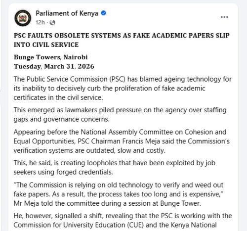 Parliament of Kenya post on March 31, 2026. PHOTO/Screengrab by People Daily Digital/https://www.facebook.com/ParliamentKE/FB