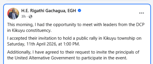 Rigathi Gachagua's post on April 7, 2026. PHOTO/Screengrab by People Daily Digital/https://www.facebook.com/DPGachagua/FB