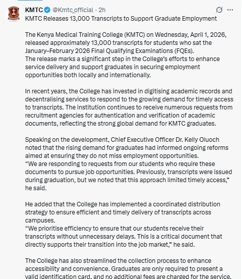 X post by KMTC. PHOTO/Screengrab by People Daily Digital