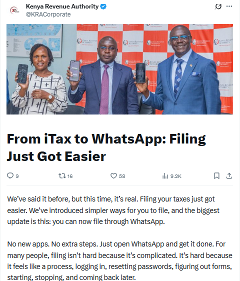 X post by KRA. PHOTO/Screengrab by People Daily Digital