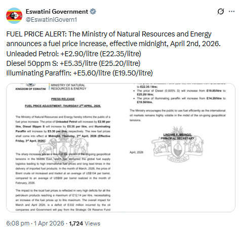 X post by the Kingdom of Eswatini. PHOTO/Screengrab by People Daily Digital
