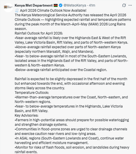 X post by Kenya Met. PHOTO/Screengrab by People Daily Digital
