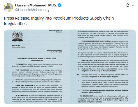 X post by Hussein Mohamed. PHOTO/Screengrab by People Daily Digital
