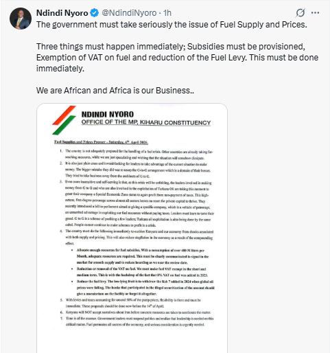 X post by Ndindi Nyoro. PHOTO/Screengrab by People Daily Digital