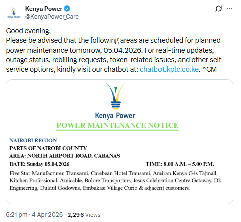 X post by Kenya Power. PHOTO/Screengrab by People Daily Digital