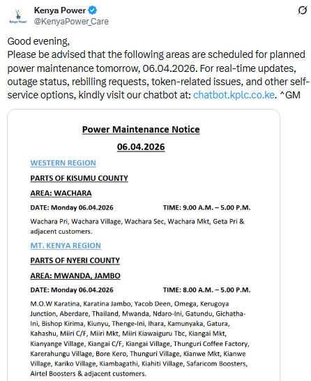 X post by Kenya Power. PHOTO/Screengrab by People Daily Digital