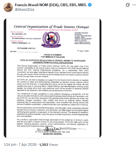 X post by Francis Atwoli. PHOTO/Screengrab by People Daily Digital