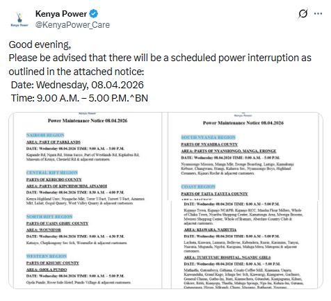 X post by Kenya Power. PHOTO/Screengrab by People Daily Digital