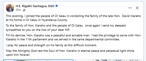 Facebook post by Rigathi Gachagua. PHOTO/Screengrab by People Daily Digital