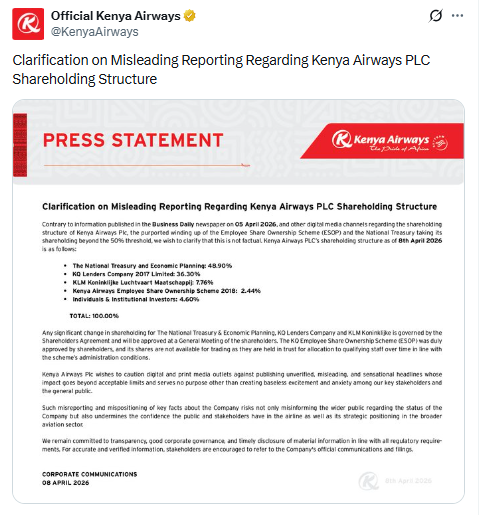 X post by Kenya Airways. PHOTO/Screengrab by People Daily Digital