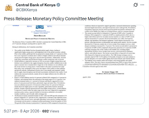 X post by CBK. PHOTO/Screengrab by People Daily Digital