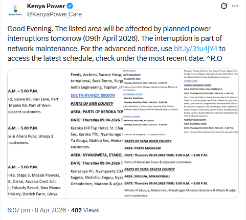 X post by Kenya Power. PHOTO/Screengrab by People Daily Digital