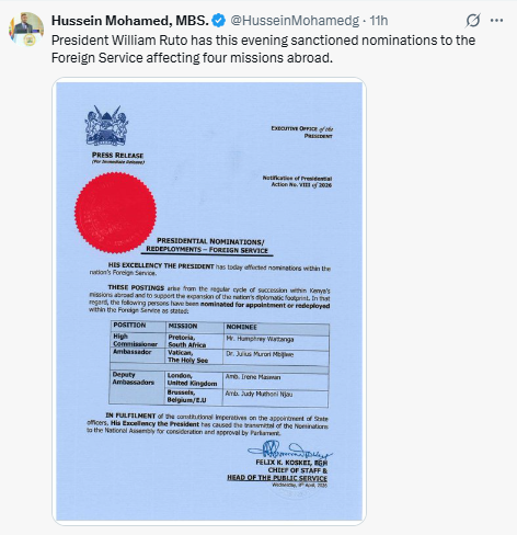 X post by Hussein Mohamed. PHOTO/Screengrab by People Daily Digital