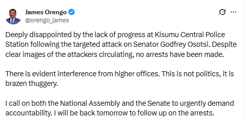 X post by James Orengo. PHOTO/Screengrab by People Daily Digital