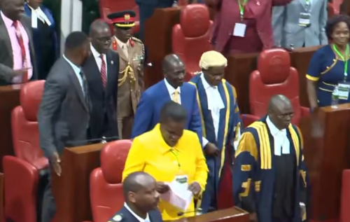 President William Ruto while arriving in Nairobi County Assembly for the state of the County Address. PHOTO//Screengrab by People Daily Digital
