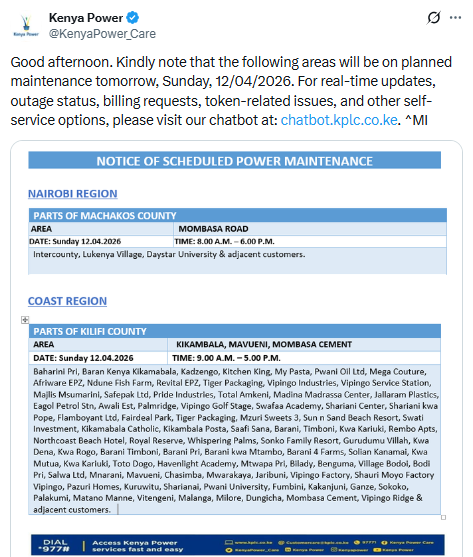 X post by Kenya Power. PHOTO/Screengrab by People Daily Digital